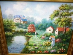 W. Hodges Painting W/ Frame Oil Canvas 26″x36″ Lady By The River Cottage antique