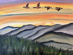 Original oil painting 11 x 14 inches blue ridge mountains with geese at sunset