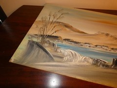 Desert Mountain River Original Oil Painting on Masonite Board Vintage 16 x 32″
