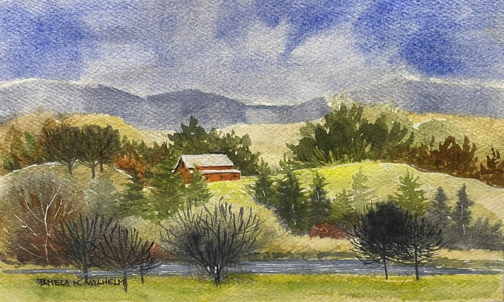 Pamela Wilhelm Original Loose Watercolor 5”x7” Red Barn Hill Farm Creek