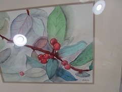 Original Winter Holly Red Berry Leaves Branch Painting FRAMED Watercolor 80s