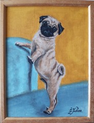 Pug Original Painting Pet Dog Oil Painting Framed 7 by 9 Animal Wall Art.