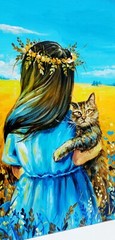 Ukrainian Patriotic Acrylic Painting, Woman with Cat, Blue and Yellow Artwork