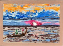 Sunset Seascape Painting Boat Ocean Original Art Colorful Coastal Wall Decor 6×8