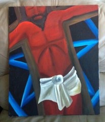 Modern Vtg Religious Oil Painting/Canvas Jesus Christ Cross Blue Red Signed