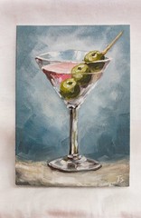 ORIGINAL Oil Painting Impressionism Martini Glass with Olives Cocktail 5″ x 7″