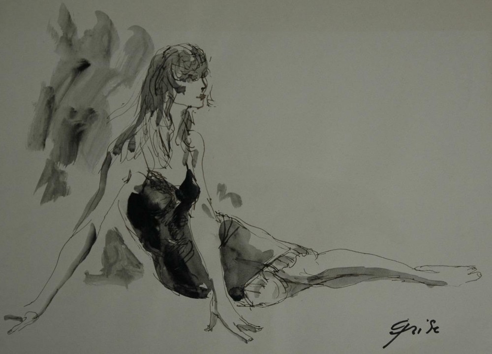 Vintage Watercolor & Ink of a Reclining Woman by LIsted Artist Hendrik Grise