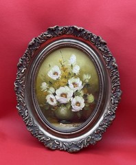 Antique Oil Floral Painting Ornate Gilded Wood Frame ARTISTIC INTERIOR OVAL