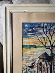 Vintage „Men By The Sea Scene“ Primitive Watercolor Painting – Signed And Framed