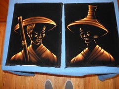 lot of 2,VTG ASIAN MAN &WOMAN PAINTING BLACK VELVET FELT ART MID CENTURY MODERN