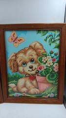 Paint by Number Paintings Puppies Puppy Wood Framed MCM Set Of 2 Vintage