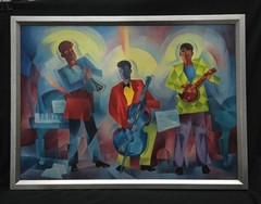 L. Parks Cubist Jazz Trio Painting/Print? – 23″ x 32″ – Unknown Original