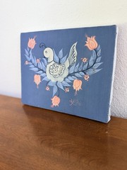 Vintage Floral Dove Hand Painted Canvas Wall Hanging Decor Cottage Core Folk Art