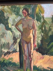 Mid Century Swedish Oil on Panel“Standing Woman” by Clara-Eva Dahlbom 43 × 36 cm