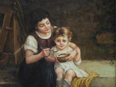 FINE! P. McMahon European Mother Feeding Child & Grazing Chicken O/B Painting