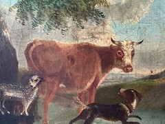 18th Century Paul and Virginia Cow Dog Stream Landscape Blue Sky French Oil