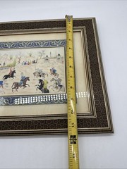 Persian MCM Painted Art – Polo Match In Micro Wood Inlaid Frame 11.5” X 14”