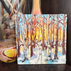 Original Oil Painting Landscape Original Art Winter Forest Sunset Artwork 6x6in