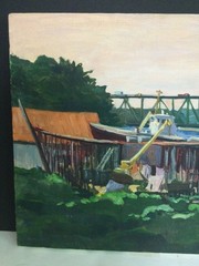 Jean Fowler 1924-2015 (Bar Harbor, Maine) Orig. Oil Canvas- Lobster Boats Bridge