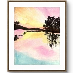 TITA PAINTZ Colorful Watercolor Lake Landscape Original Painting 9×12 Wall Art