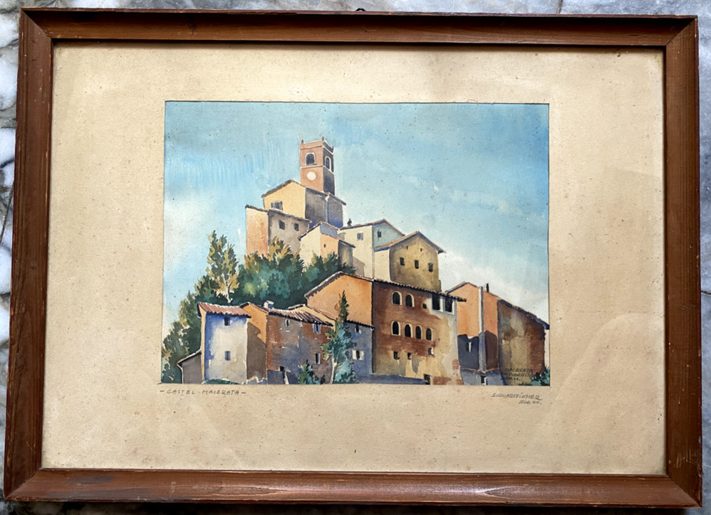:: JOSEF SCHWARZFISCHER *1913 – 1995 WATERCOLOR MALERATA MACERATA CASTEL 1944 ITALY