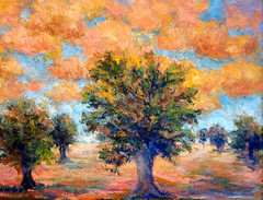Oil Painting Landscape Colorful Clouds Pink Fields Grove of Trees Signed Donalee