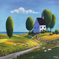 Summer Country Landscape Acrylic Painting Original Art House And Green Trees 8×8