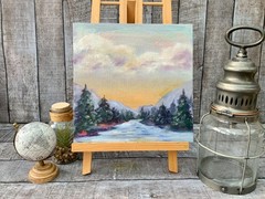 Original Art 10×10″ Rocky Mountains Painting Pine Forest Landscape Art