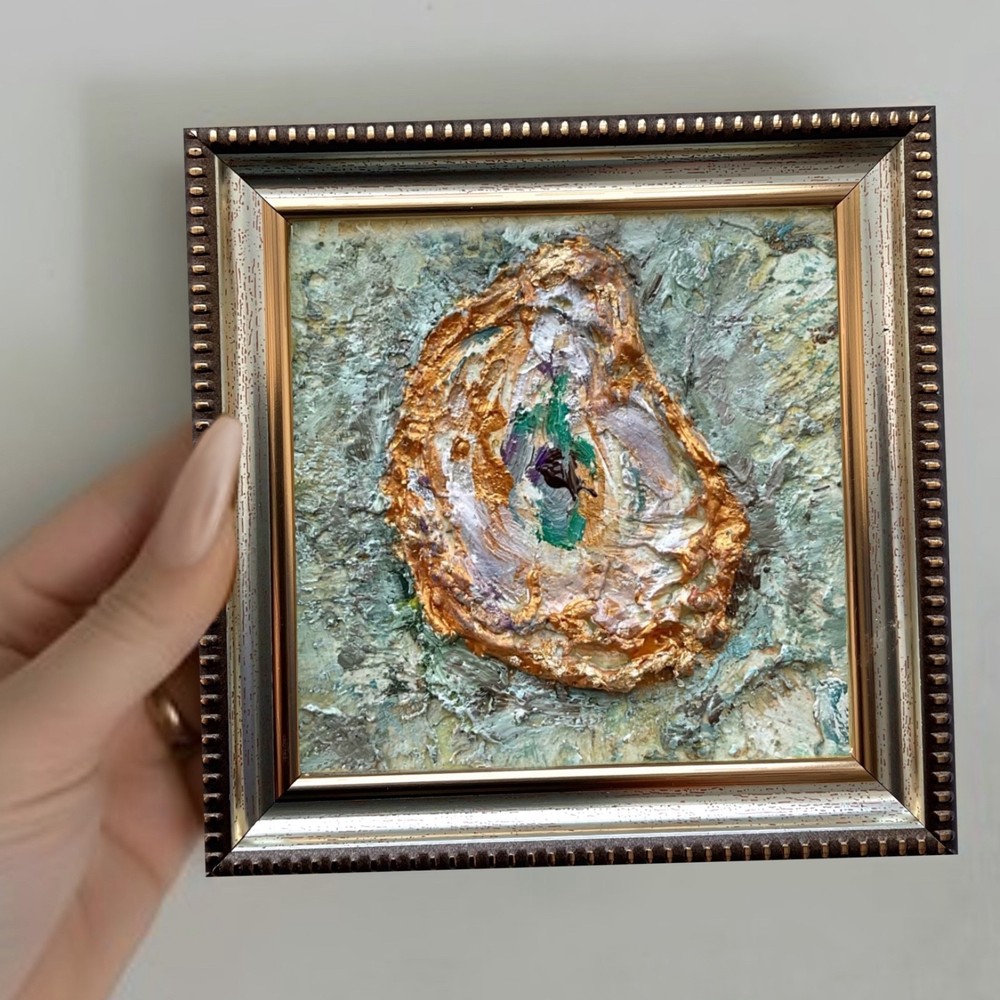 Shell Original Oil Painting Mixed Media Oyster Impasto Texture Wall Art 4x4in