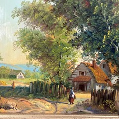 Handcrafted Landscape Oil Painting „Thatched Cottage“ Original Small Artwork
