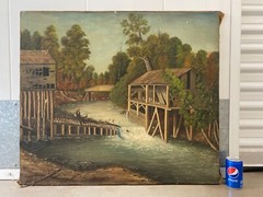 🔥 Antique Old American Southern Folk Art River Landscape Oil Painting, 1860s
