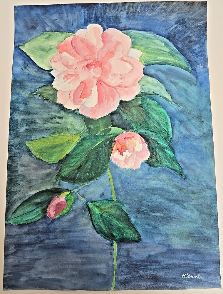 Watercolour Painting on Cardboard – Pink Flowers / 70x50cm by Kühhhirt 2001 – No Frame