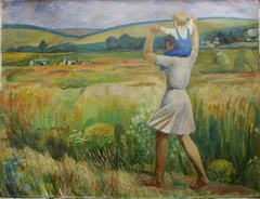 Ukrainian Soviet USSR Oil Painting realism mother child baby villagers field