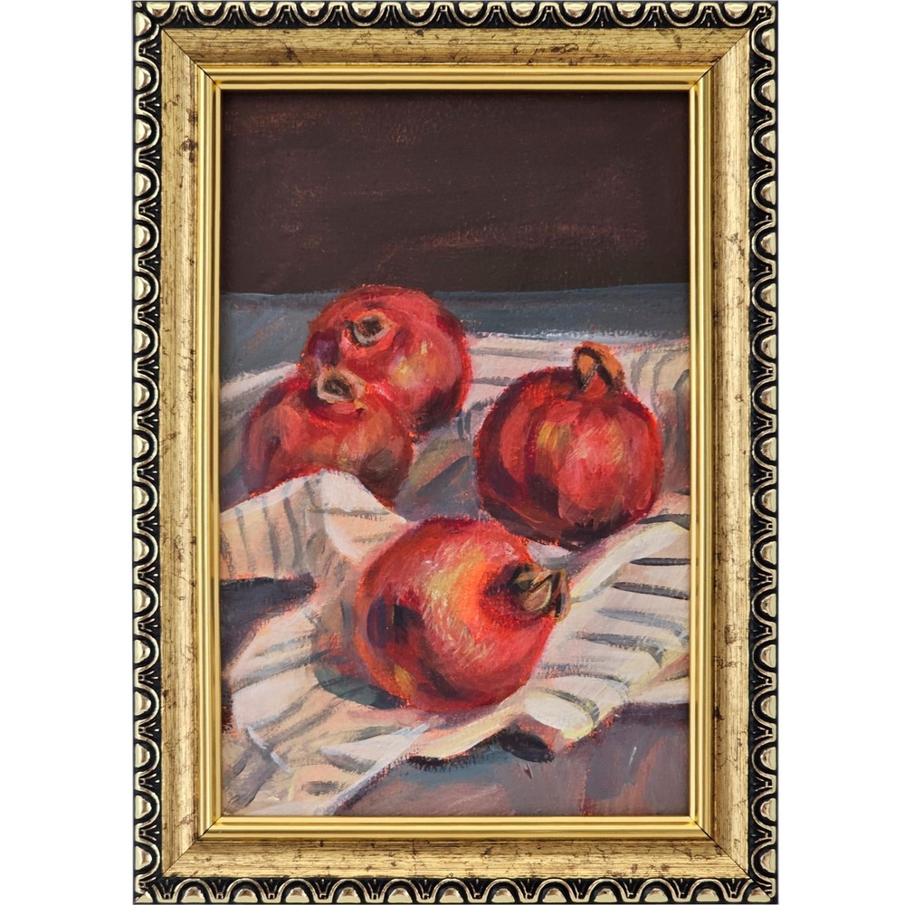 Original Oil Painting Pomegranates Still Life 4×6 Framed Kitchen Wall Art