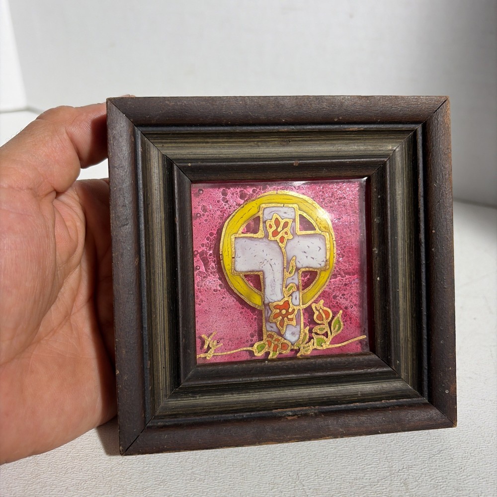 Vintage Small White Cross Art Painting Pink with Flowers Yellow Sun Signed