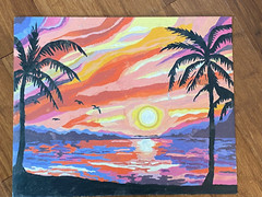Vintage Paint By Number Picture Tropical Island Sunrise Sunset Palm Trees Ocean