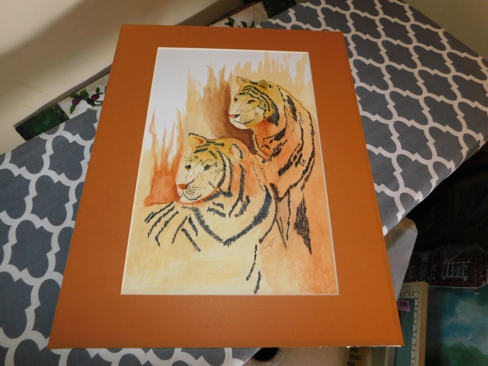 Tigers Original Watercolor Signed L Kemerer 2011