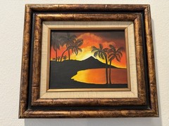 Vintage Oil Painting Silhouette Tropical Island Sunset Signed Ornate Frame 8×10
