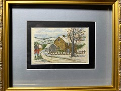 Alma Strause (1902 – 1995) „Farm In Winter Landscape“ WC Painting-Signed/Framed