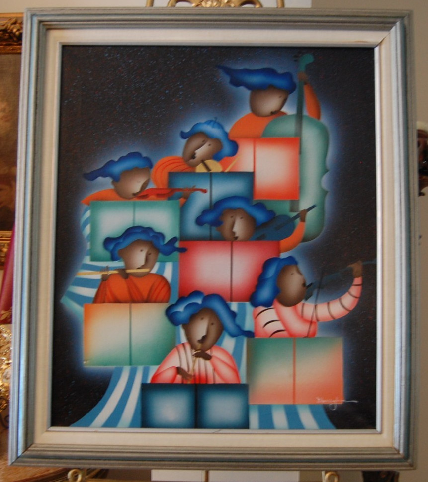 VTG FRED BLASSINGHAM FRAMED ACRYLIC ART DECO STYLE AFRICAN AMERICAN JAZZ BAND