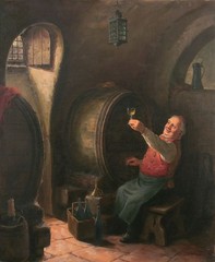 HANS FENGER Signed Vintage cMid-Lt 1960s Orig Painting Monk in WINE CELLAR