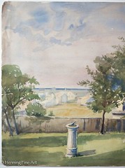 Stunning Antique Watercolor Landscape Coastal Town with Sun Dial Unsigned & FINE