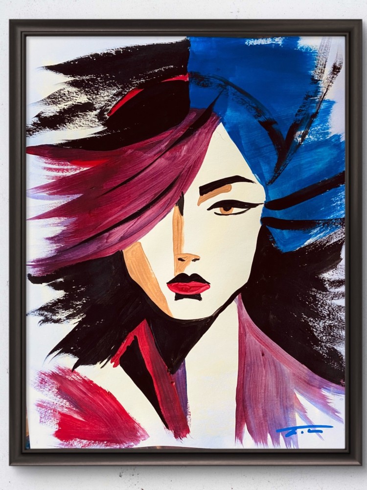 Anime Dreams Black Blue Red Woman Acrylic On Paper Signed Unframed 11”x14”