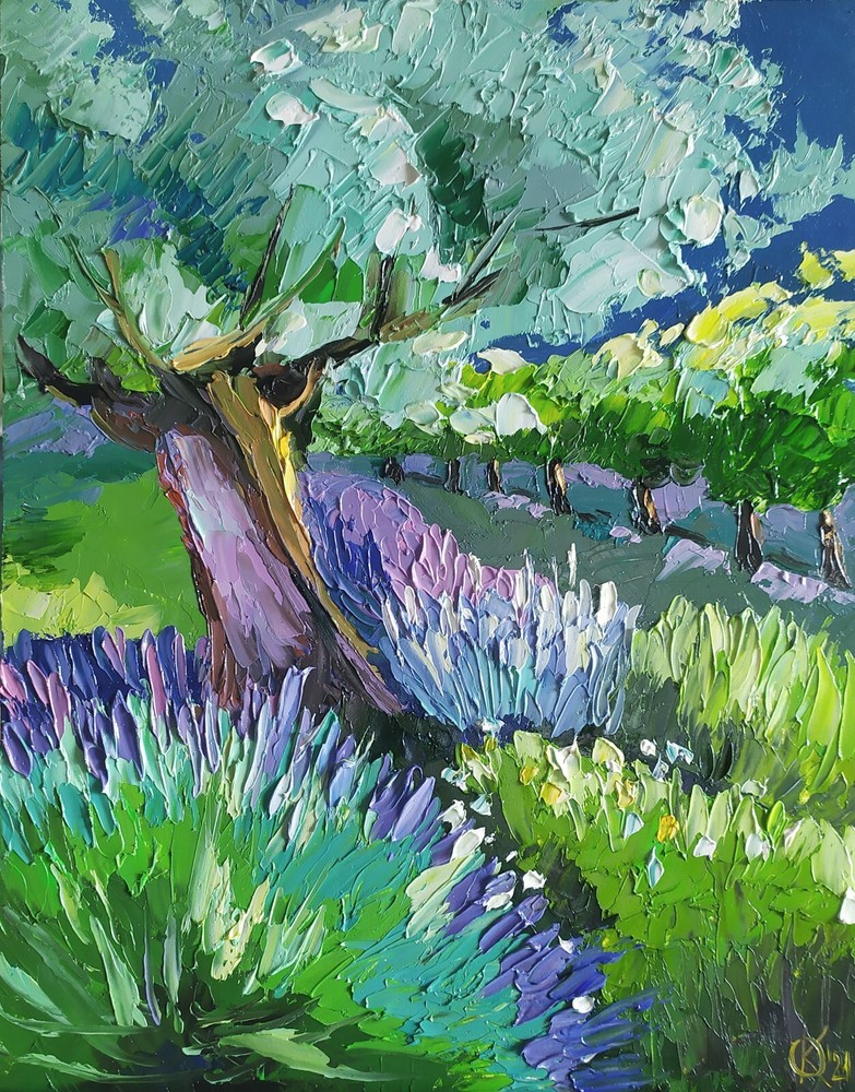 oil painting on panel original hand made art with olive trees and lavender