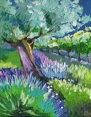 oil painting on panel original hand made art with olive trees and lavender
