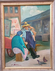 American NY Ashcan Artist Cecil Bell „Peanut Vendors“ Oil on Board Painting 1964