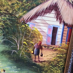 Original Framed Canvas Painting Village Landscape Scene Artist Signed 08