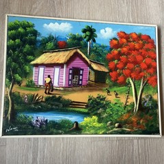 Original Haitian Lake Oil Painting Artist Signed Vtg Folk Art Village Scene Rare