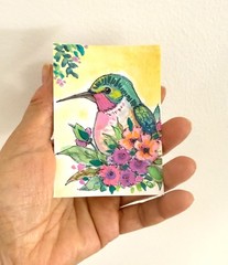 Hummingbird Among Blossoms ACEO Original Watercolor Painting OOAK Art AdriO