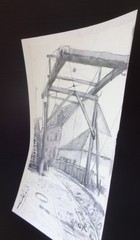 GERRY MILLER – „Drawbridge“. Reed Pen and Watercolour Painting on Paper.25x39cm